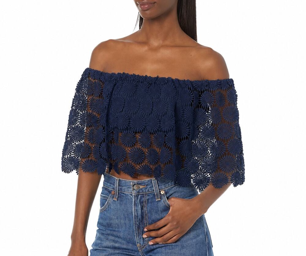 Trina Turk Ink Floral Lace Off Shoulder Crop Top Large NWT